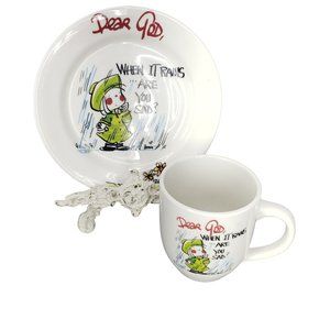 Royal Norfolk Dear God Porcelain Plate And Saucer When‎ It Rains Are You Sad